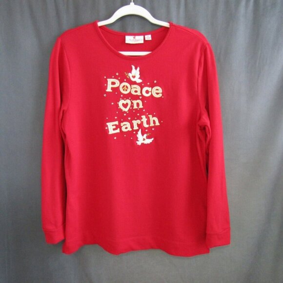 Quacker Factory Red Peace On Earth Christmas Top Size M Long Sleeve Holiday Dove - Picture 11 of 11
